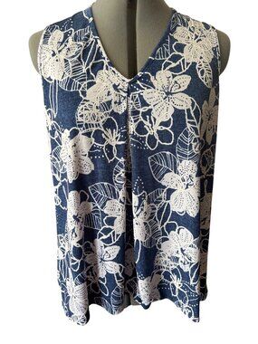 Amana Navy & White Floral Print Lace Back Sleeveless Top Size L Summer Vacay